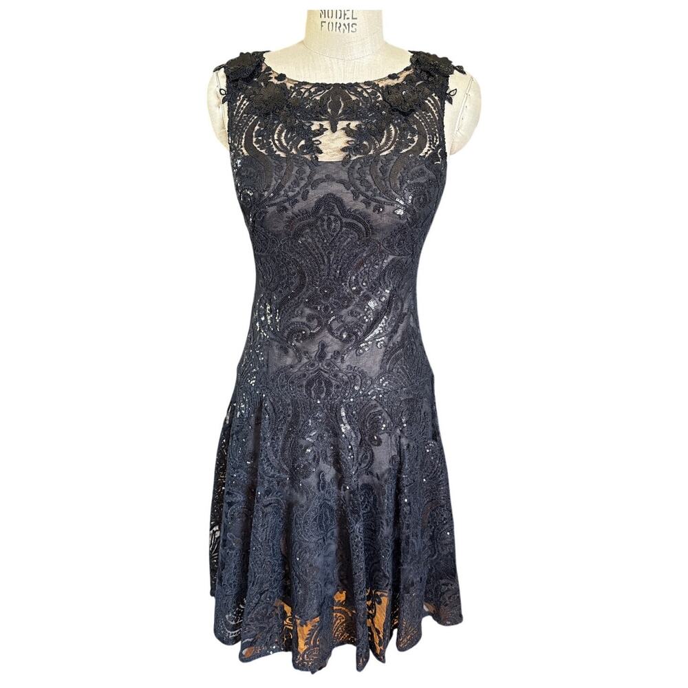 Marchesa Notte Sequined Lace Short Cocktail Party Dress in Black Size 4
